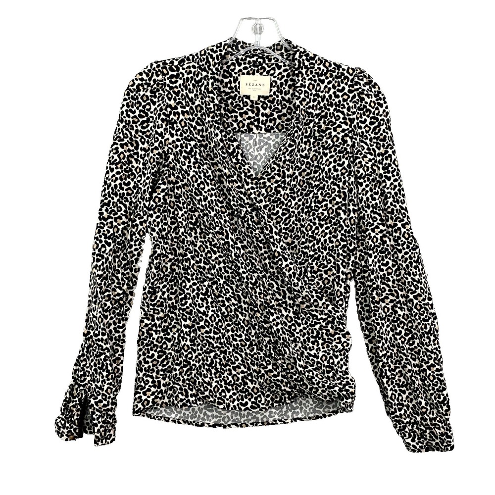 Sezane Abelia Blouse Top Womens 32 Cream Leopard Wrap Front Draped Surplice Neck